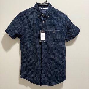 Denim & Flower Navy Short-Sleeve Button-Down with White Micro Dots S